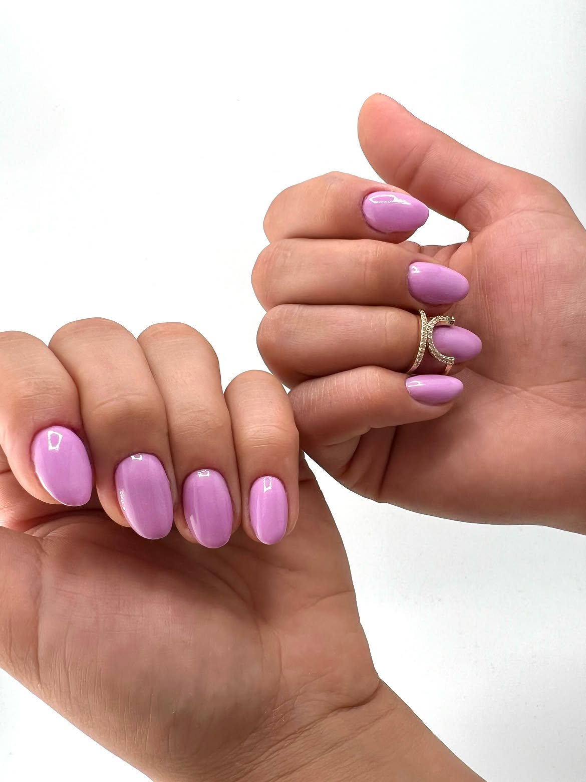 Glossy Lavender Oval Nails With Minimalist Ring Accent