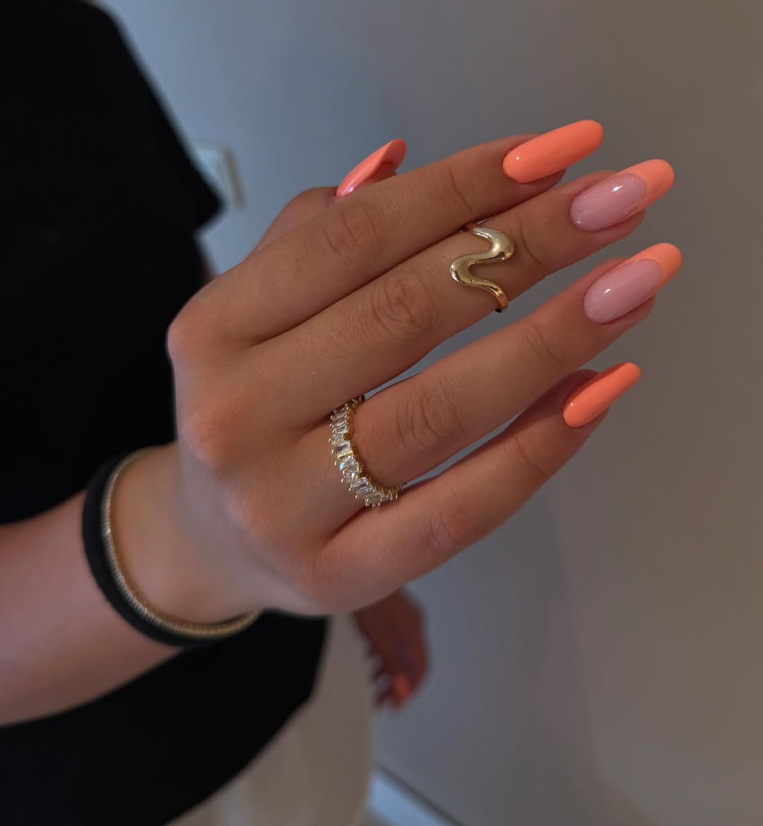 Glossy Peach French Tip Coffin Nails