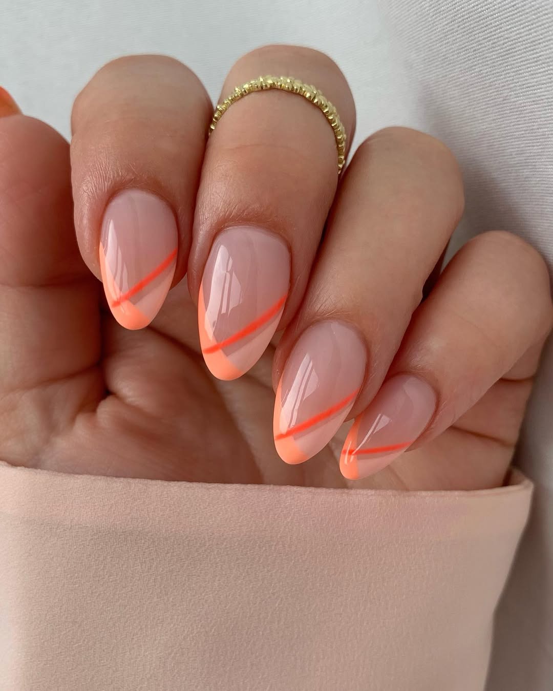 Glossy Peach French Tips With Neon Orange Lines