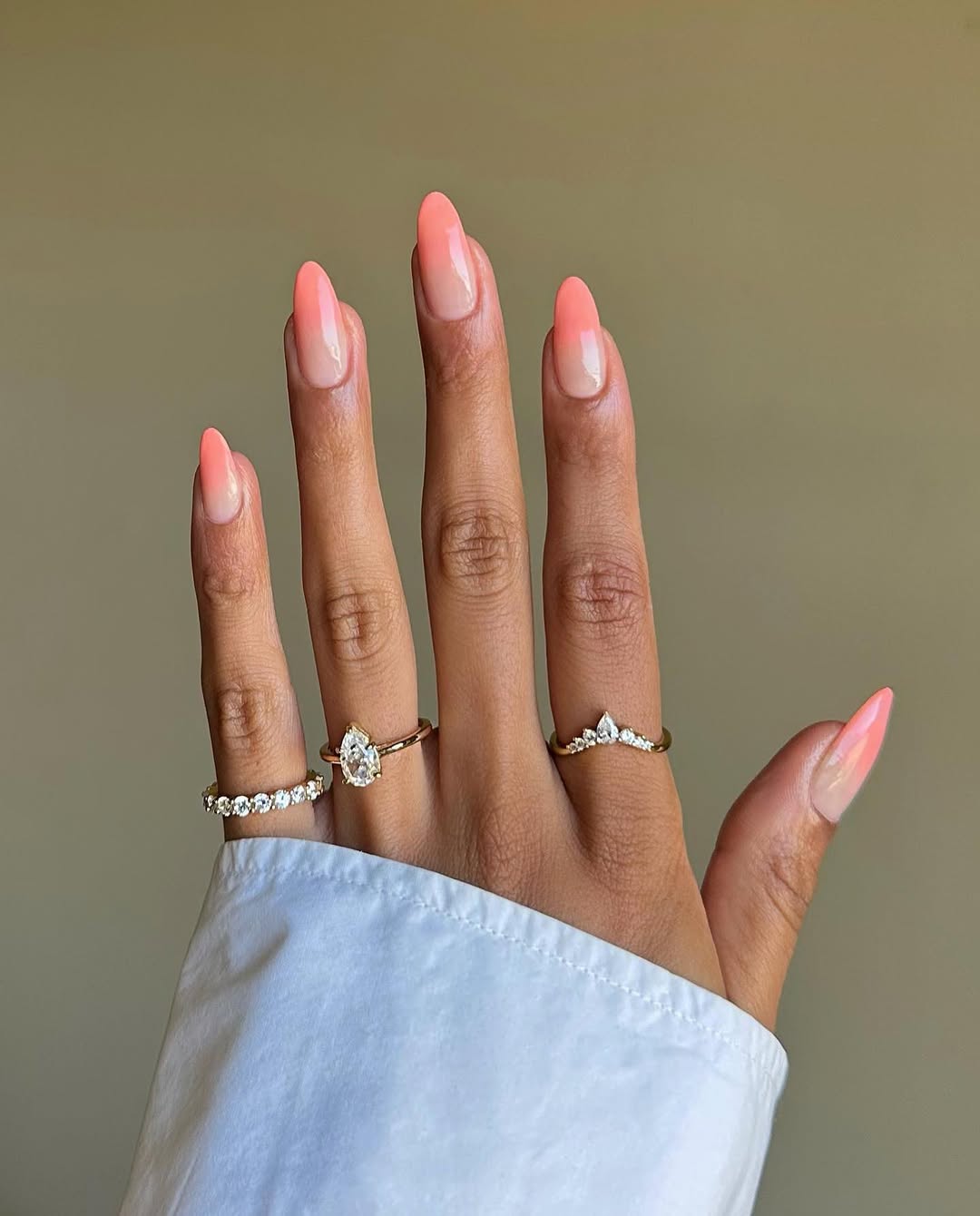 Glossy Peach Ombre Almond Medium Length Nails