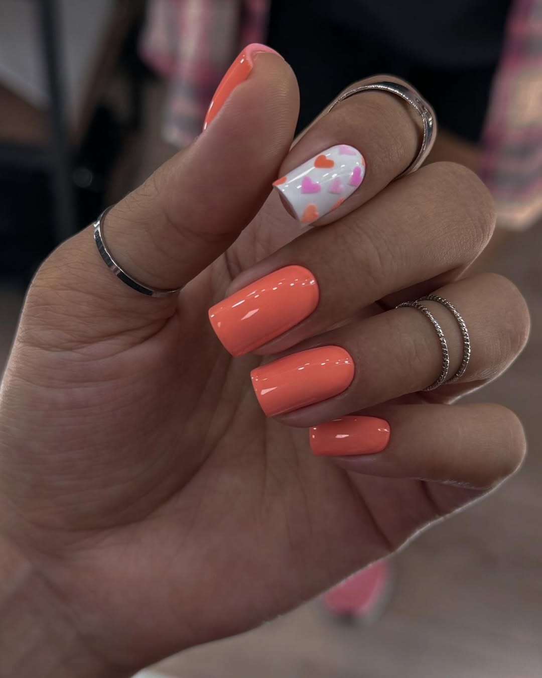 Glossy Peach Orange And Heart Accent Square Nails