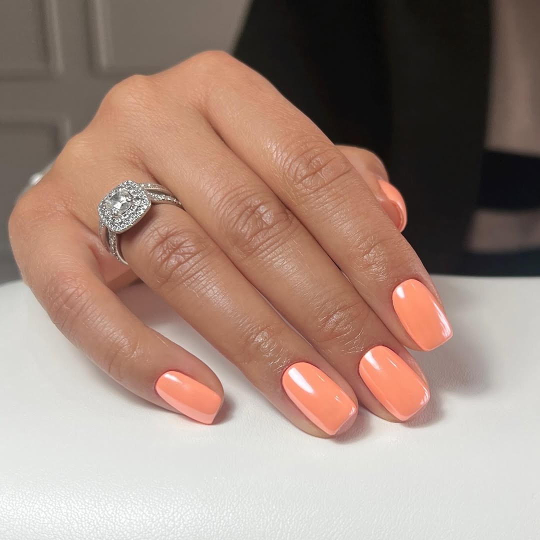 Glossy Peach Orange Short Squoval Nails
