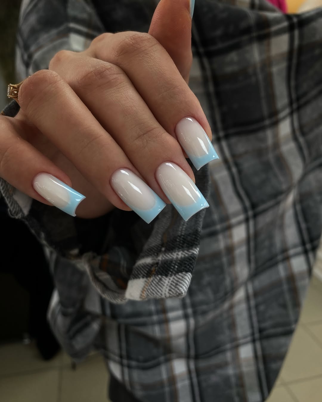 Glossy Sky Blue French Tip Square Nails