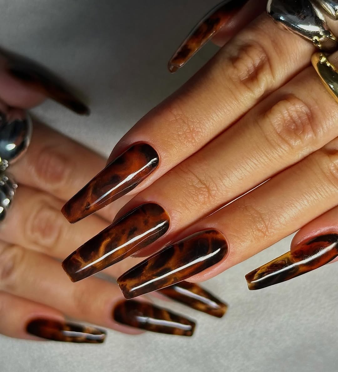 Glossy Tortoise Shell Coffin Nails