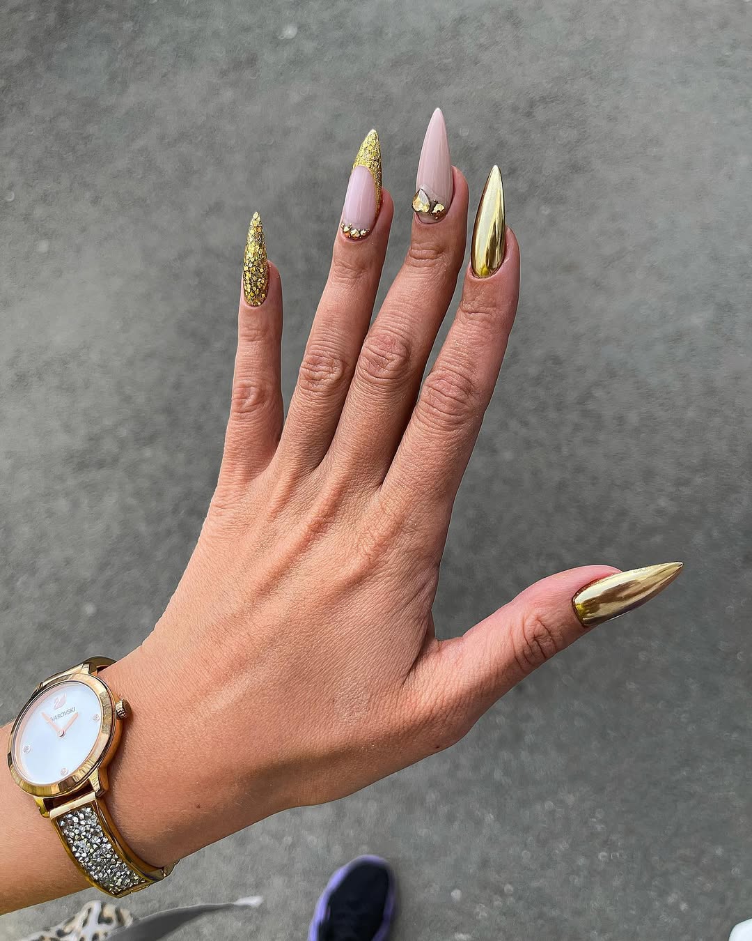 Gold Chrome Blush Stiletto Nails with Gems