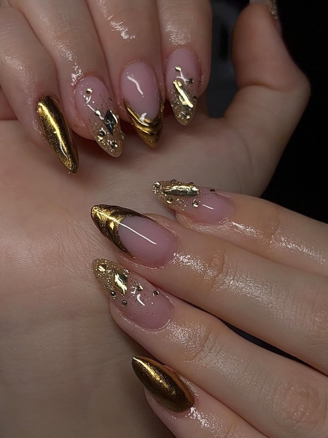 Gold Chrome French Tip Almond Nails