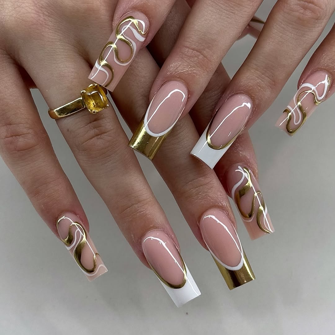 Gold French Tip Swirl Design Coffin Nails