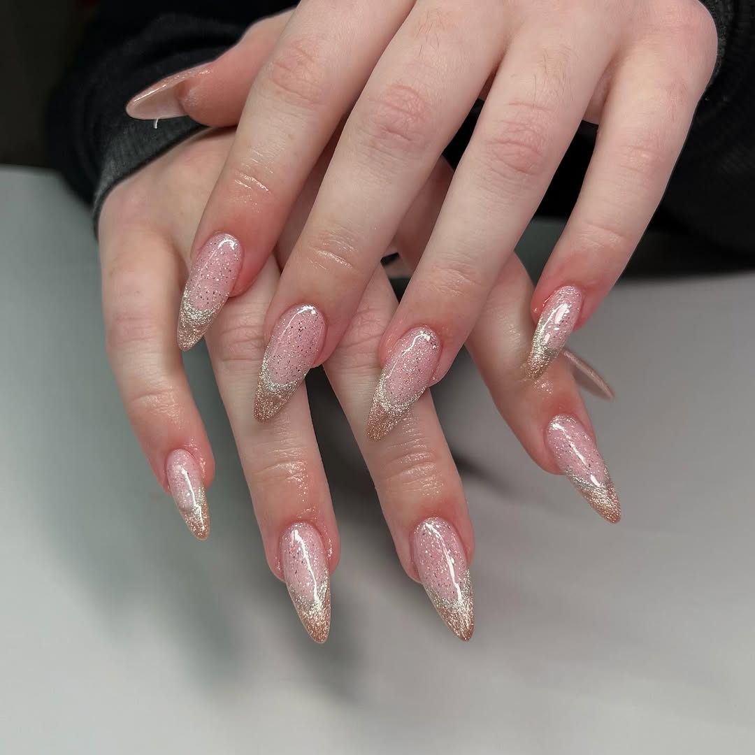 Gold Glitter Outline Pink Stiletto Nails