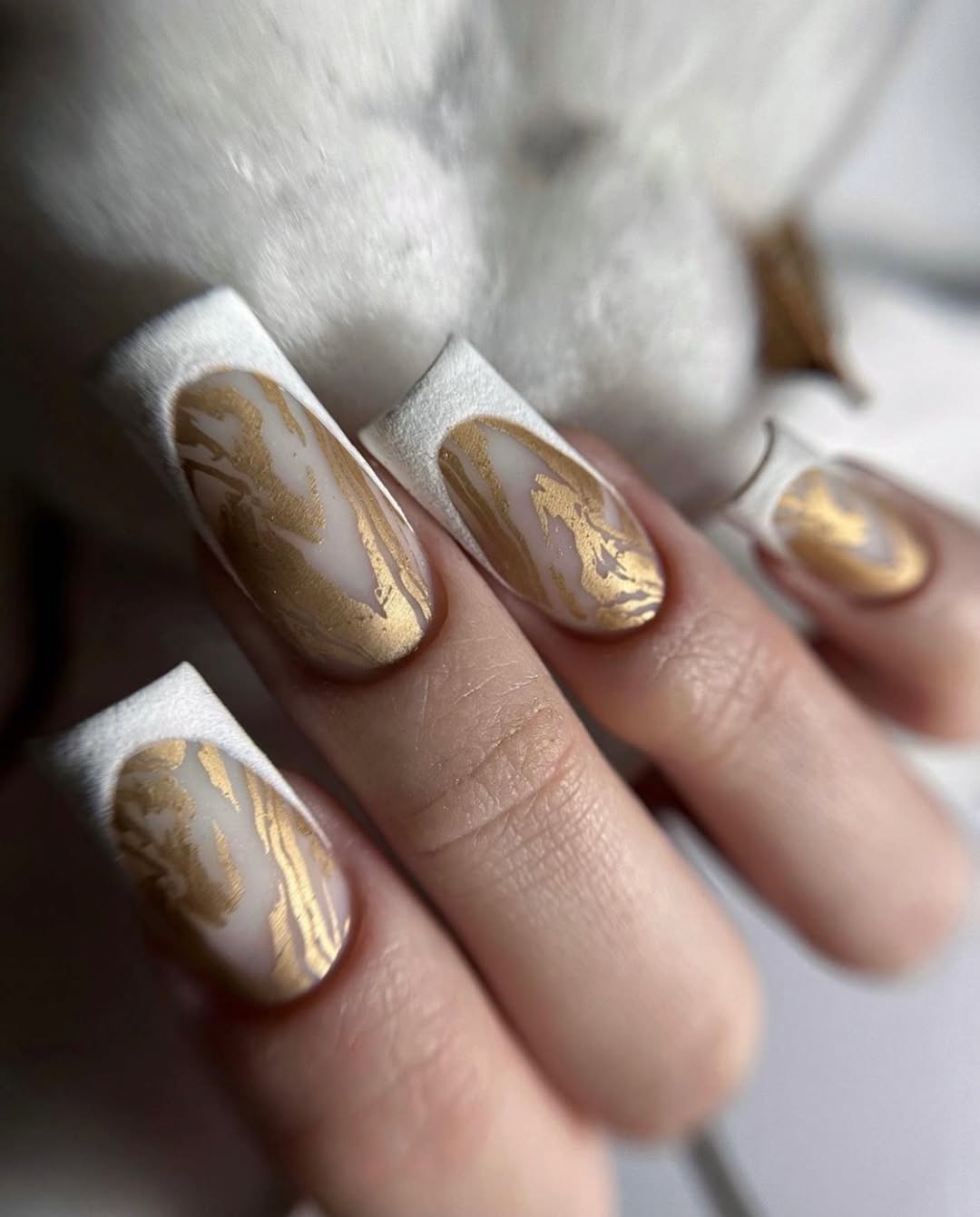 Gold Marble French Tip Long Square Nails