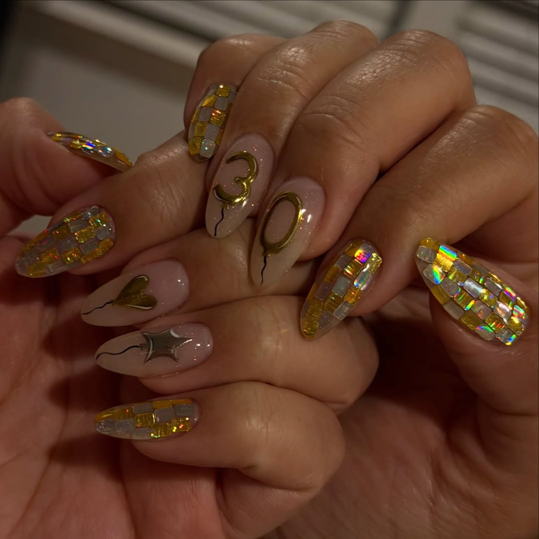 Gold Mirror Tile and Balloon Coffin Nails