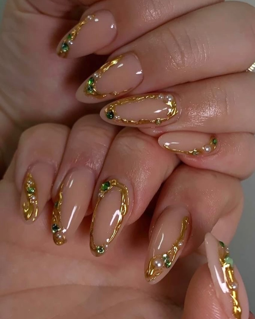 Gold Swirl Almond Nails with Pearls and Gems