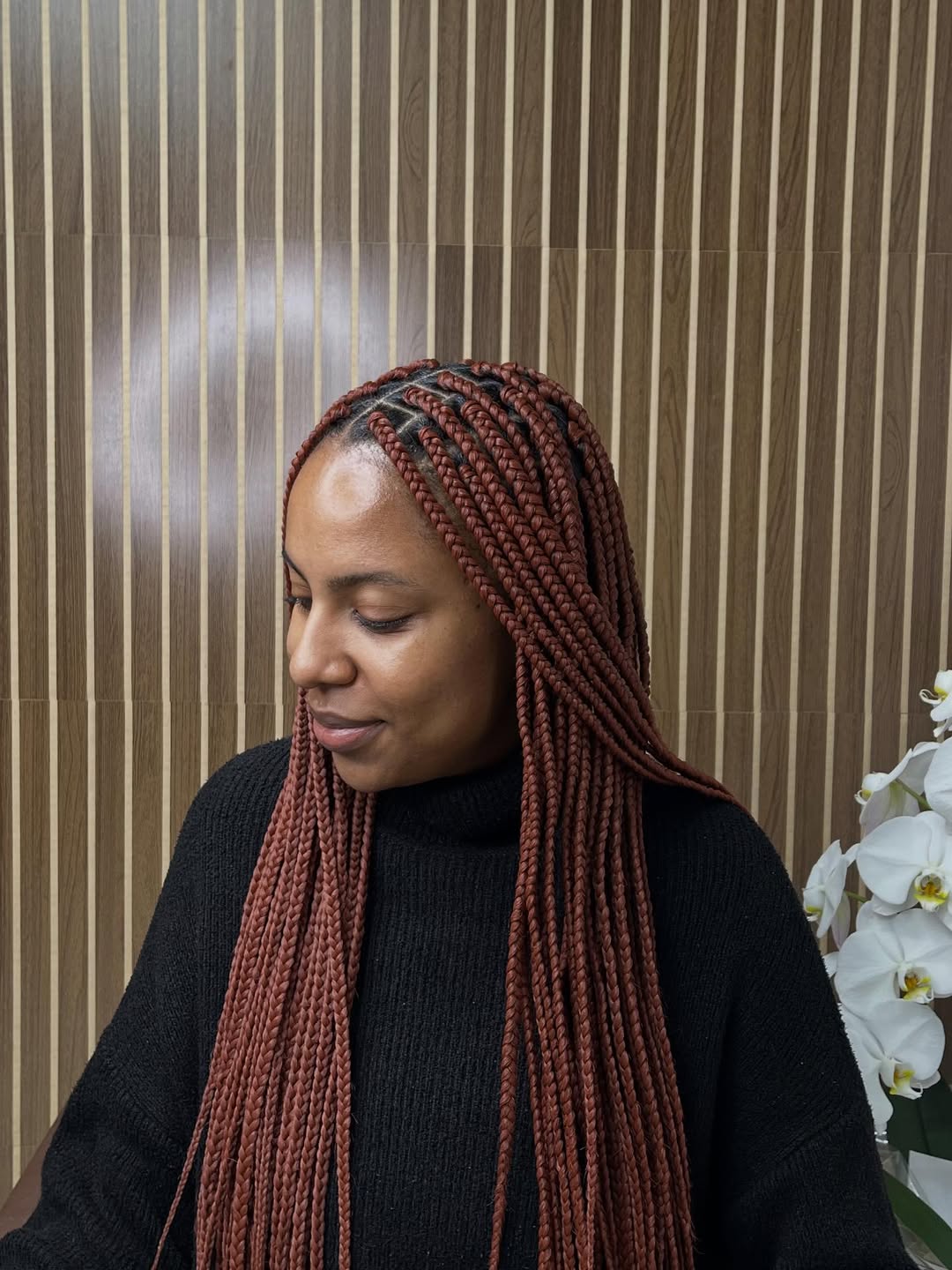 Gorgeous Reddish Brown Box Braids with Defined Parting