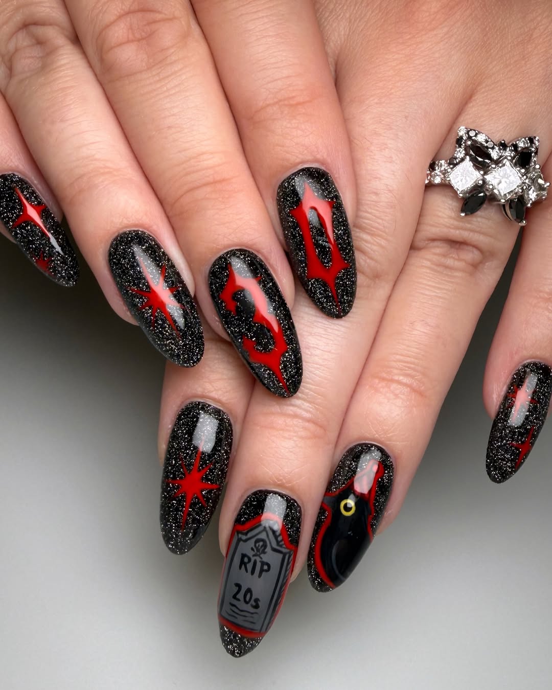 Goth Sparkle Spooky Embellished Long Almond Nails