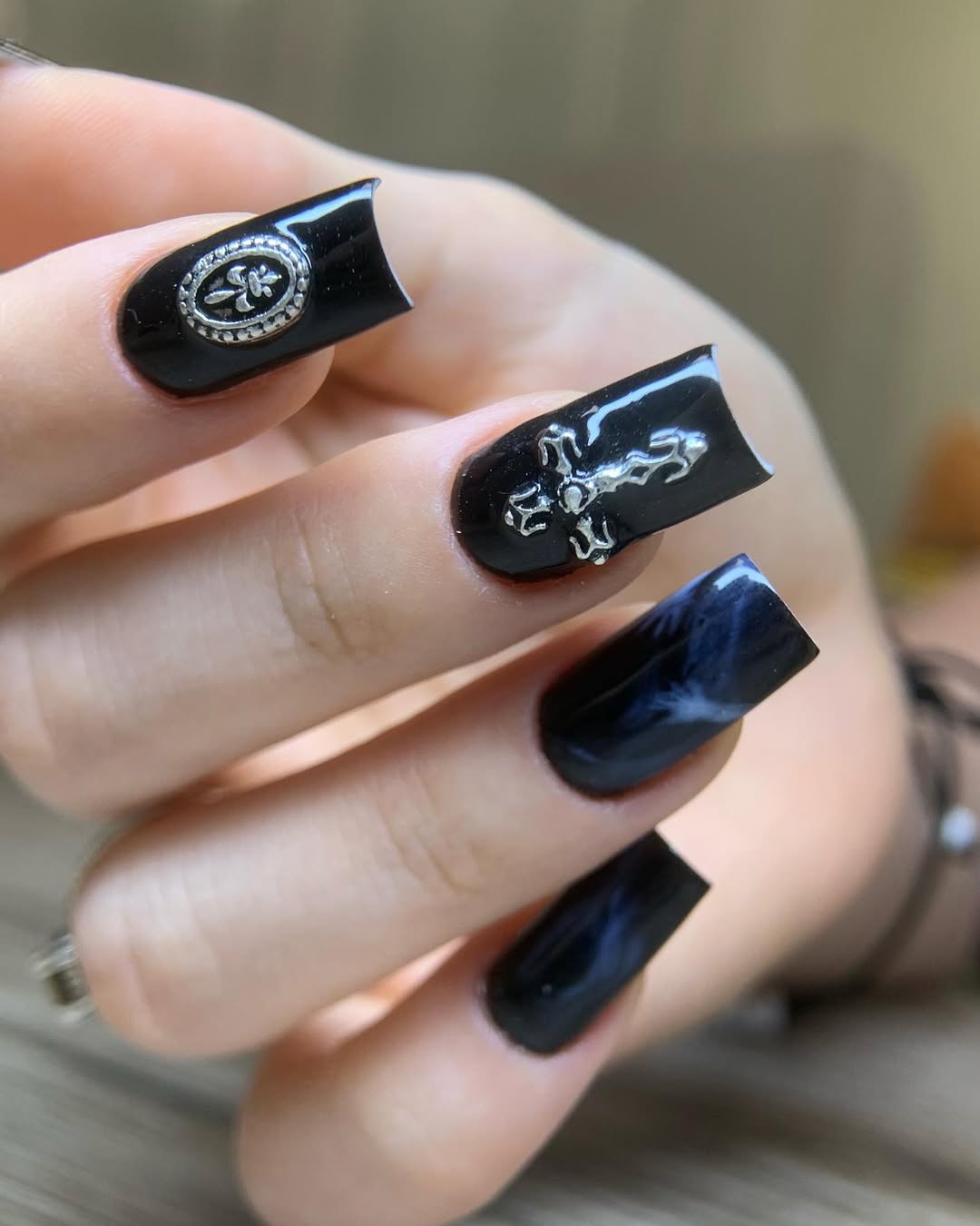 Gothic Black Square French Tip Nails with Embellishments