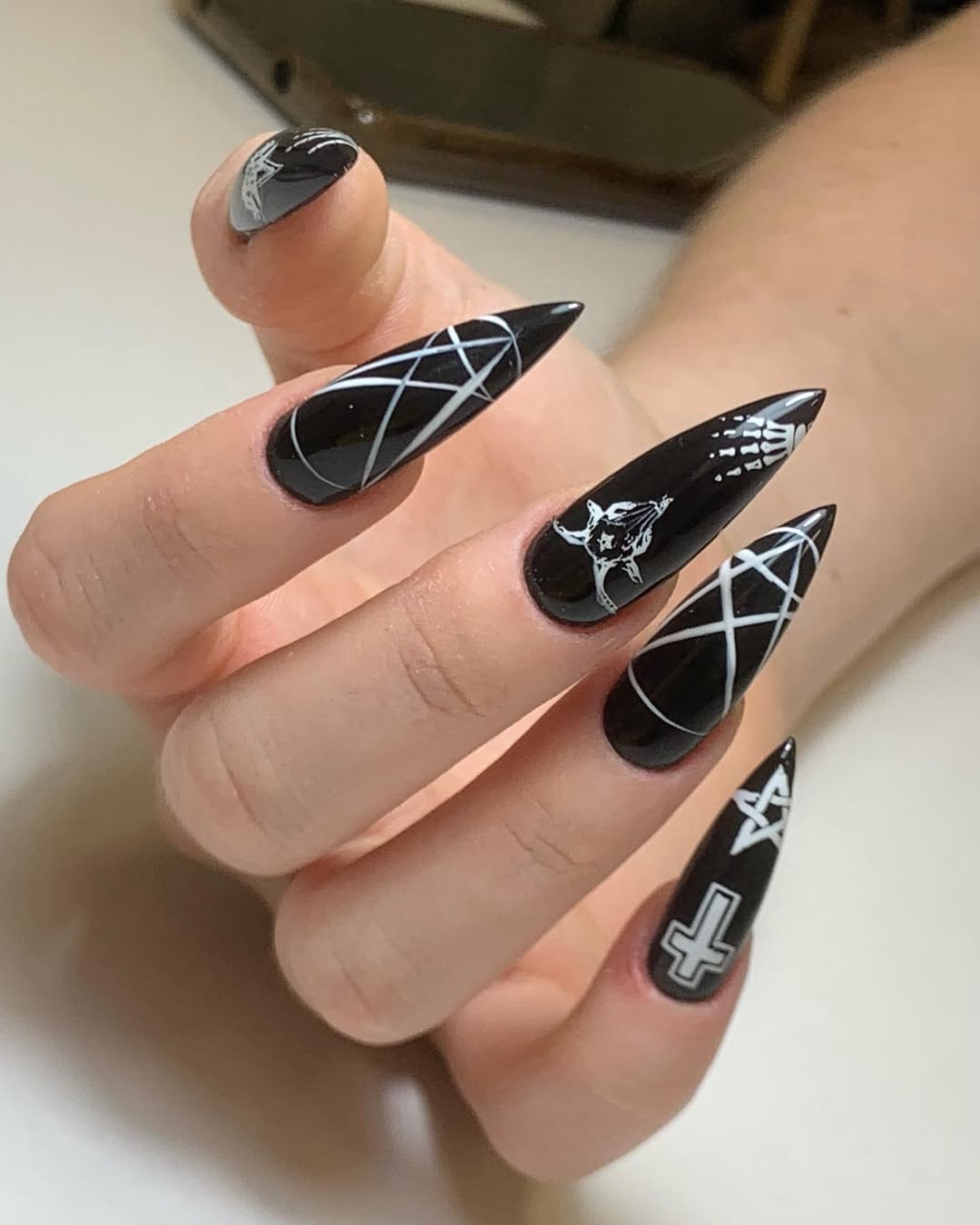 Gothic Black & White Pentagram & Cross Stiletto Nails