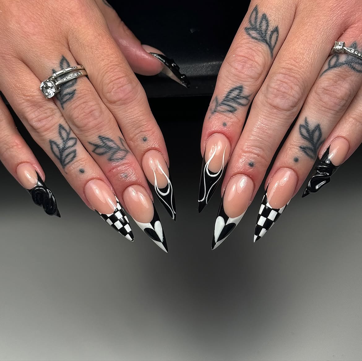 Gothic Chessboard Flame Stiletto Nails