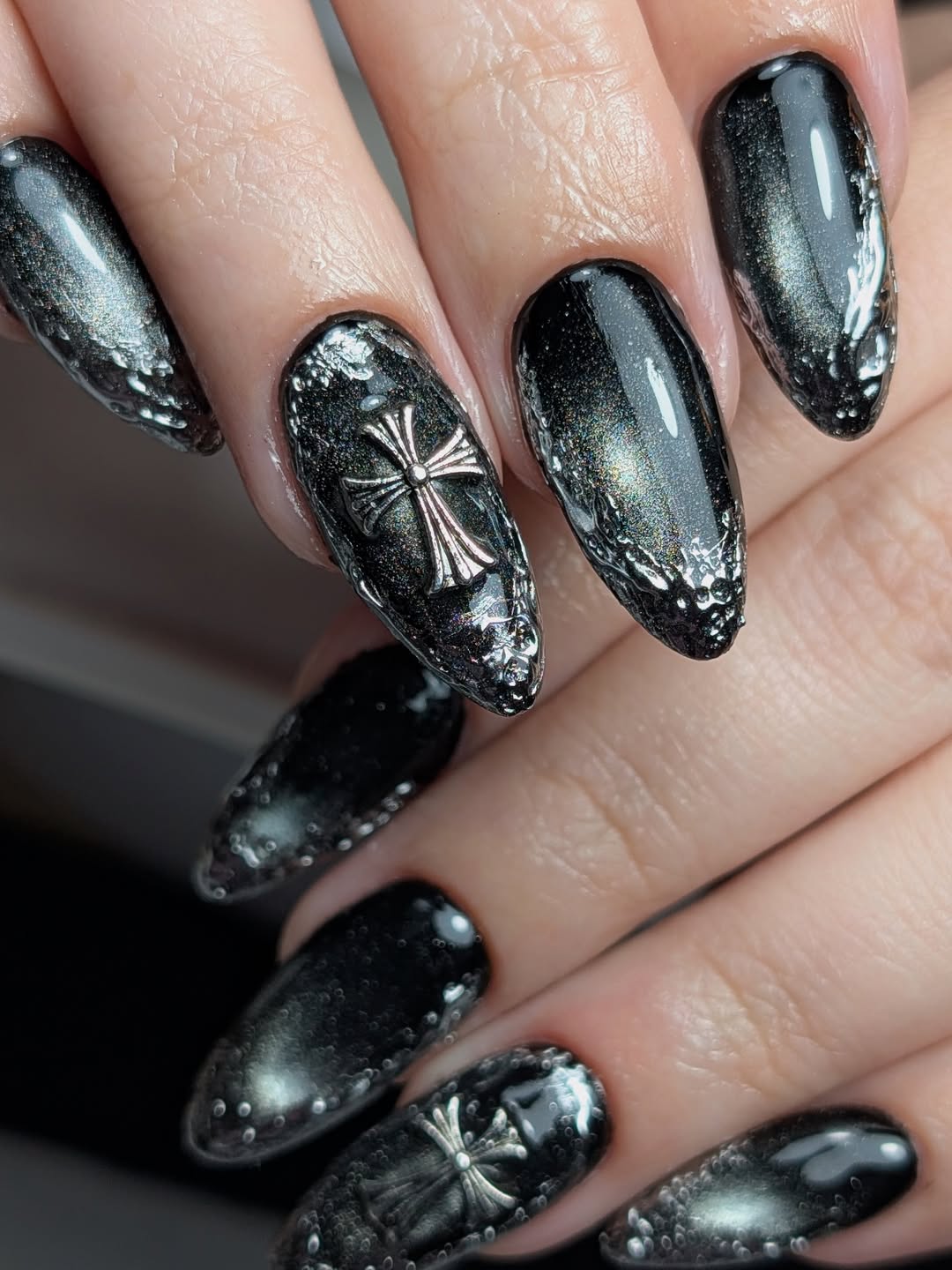Gothic Chrome Cross Stiletto Nails