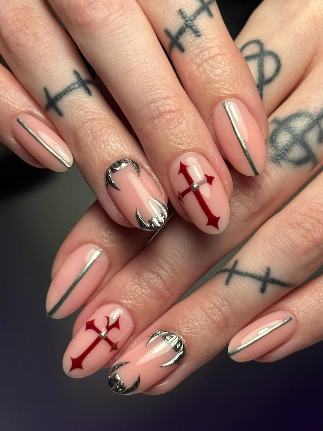 Gothic Cross and Claw Oval Nails