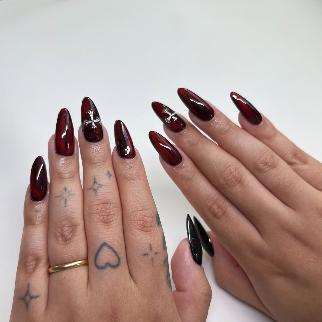 Gothic Deep Red Swirl Chrome Almond Nails