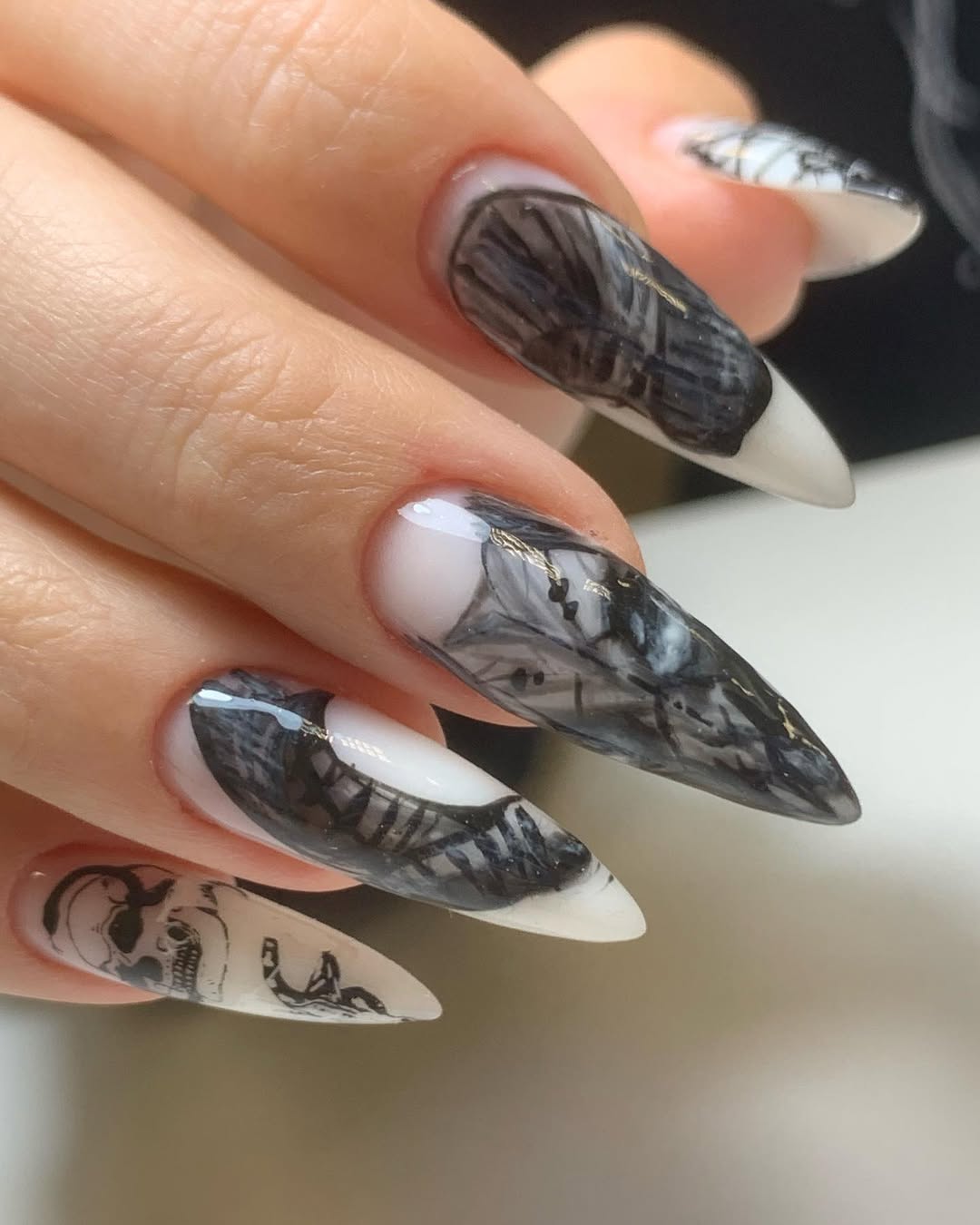 Gothic Marble Skull Stiletto Nails