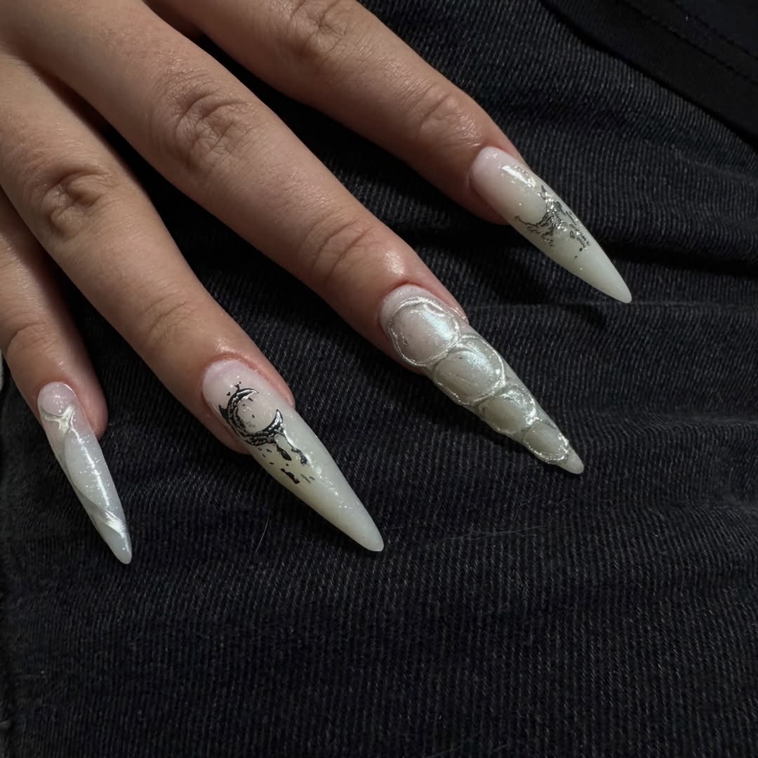 Gothic Moon and Bubbles Stiletto Nails