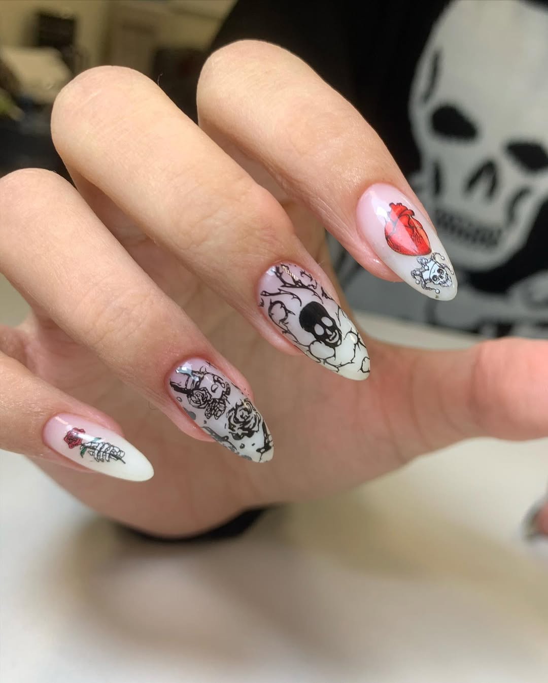 Gothic Rose and Skull Almond Nails