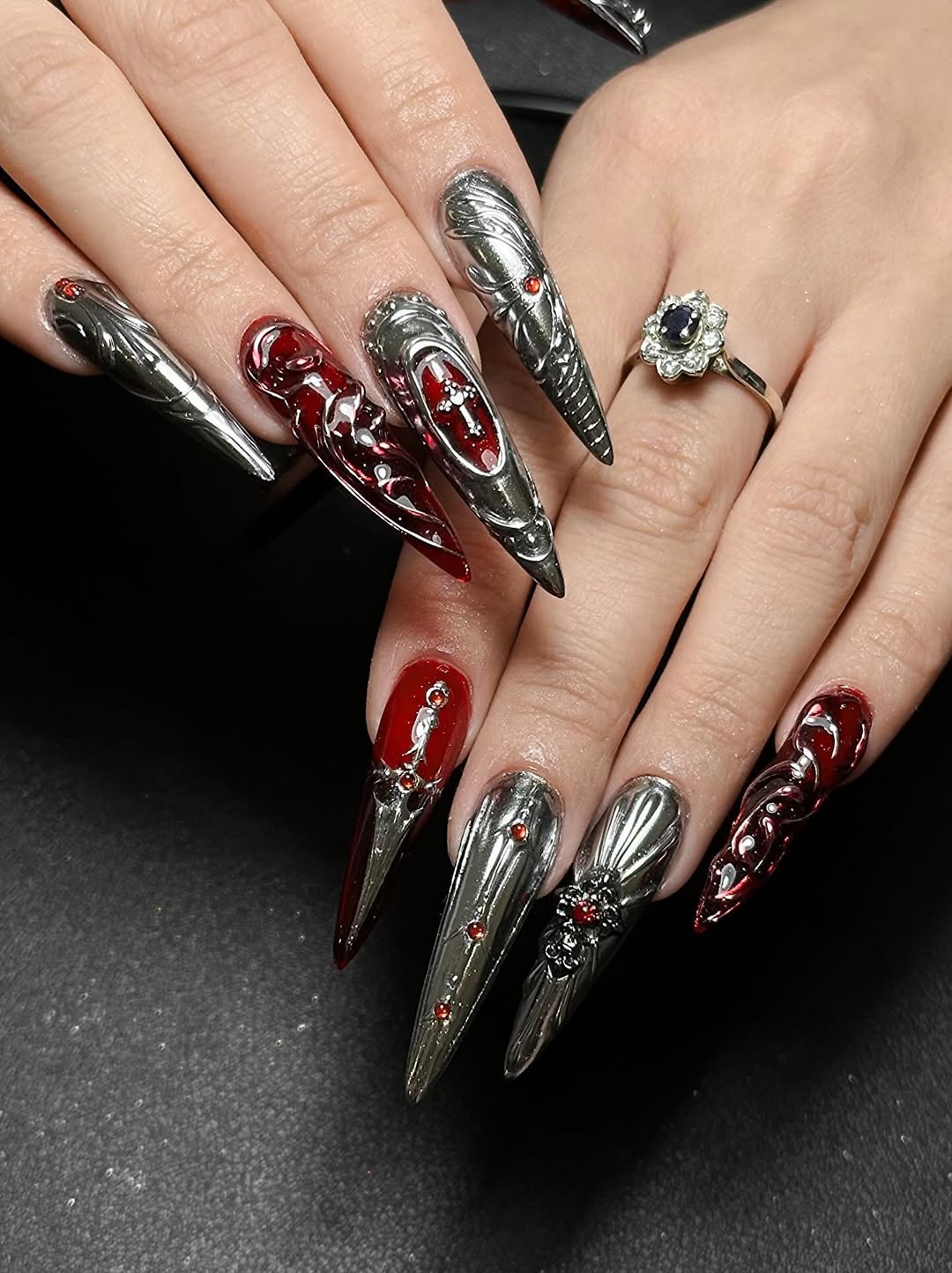 Gothic Silver Chrome & Blood Red Stiletto Nails
