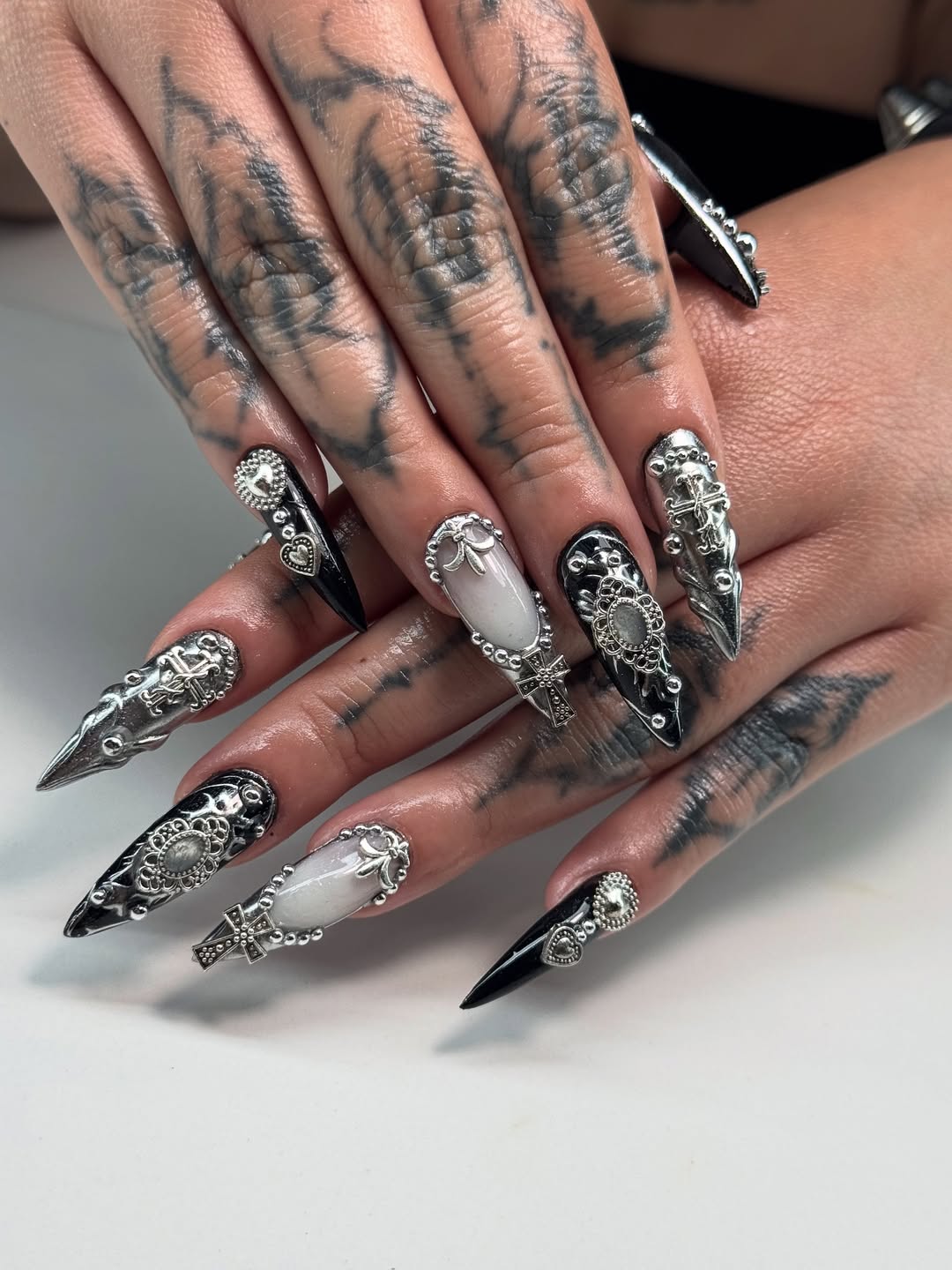 Gothic Silver Embellished Black and White Stiletto Nails