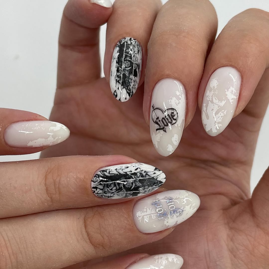 Gothic Skull and Love Heart Almond Nails