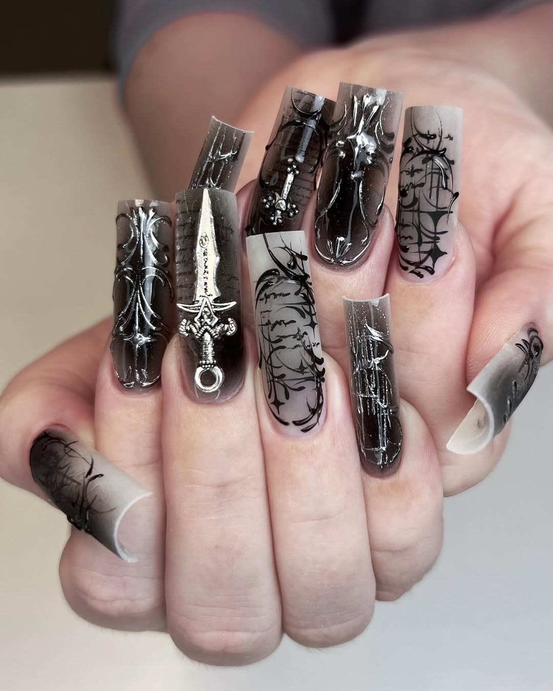 Gothic Sword & Swirls Black Ombre Coffin Nails