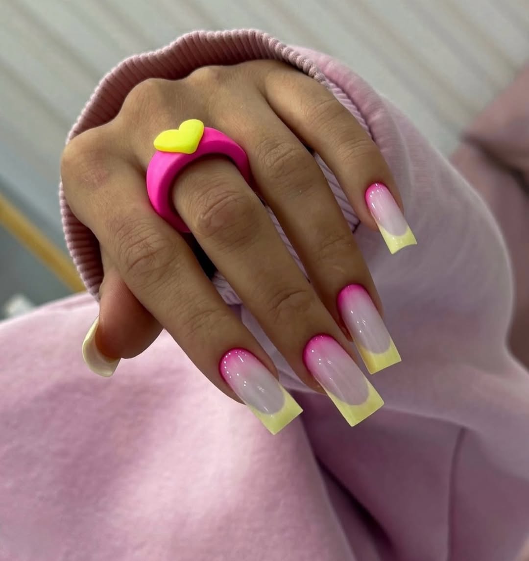 Gradient Pink and Yellow French Tip Nails
