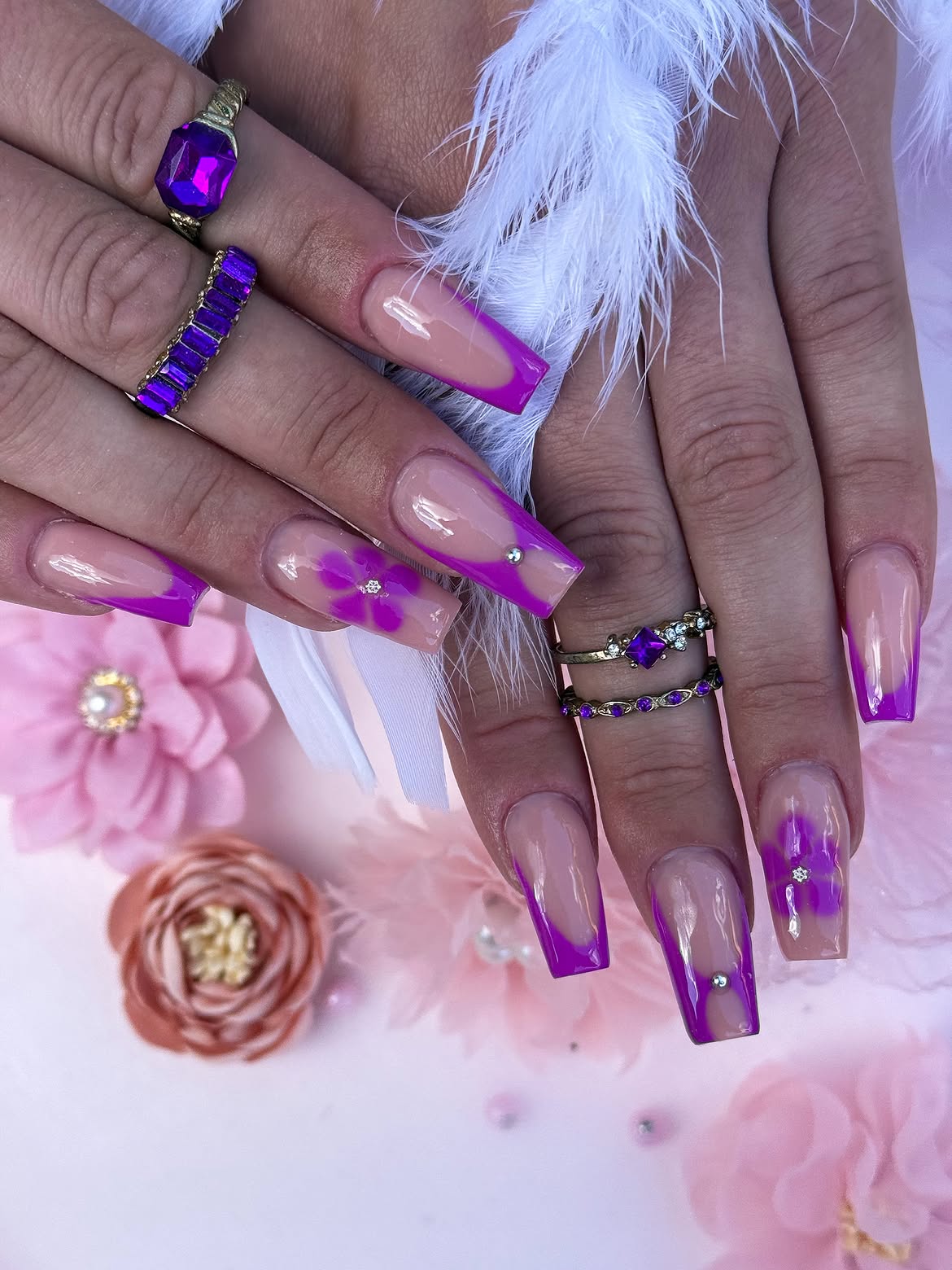 Grape Purple French Tip Coffin Nails