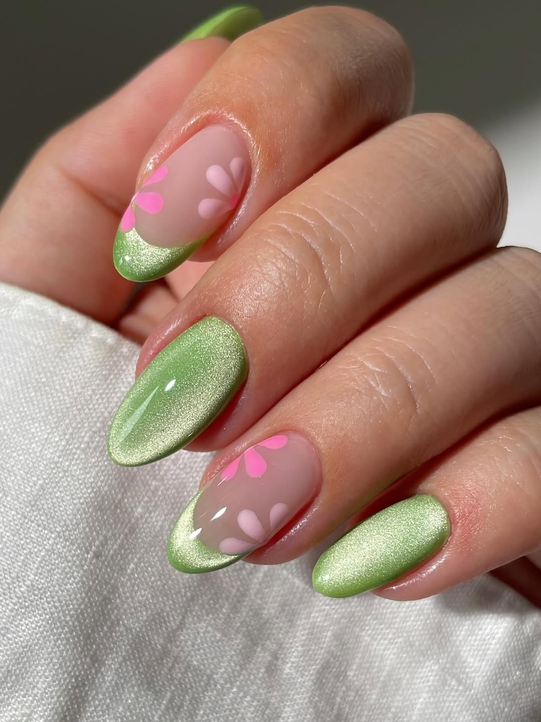 Green Cat Eye French with Pink Flower Accents