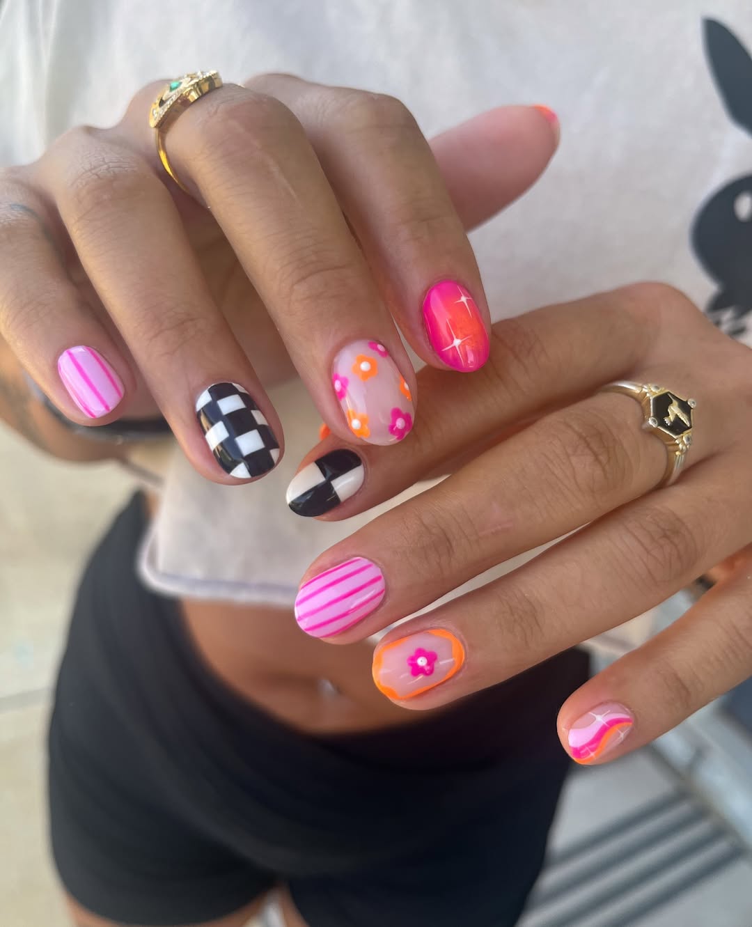 Groovy Flower Power Checkerboard Nails