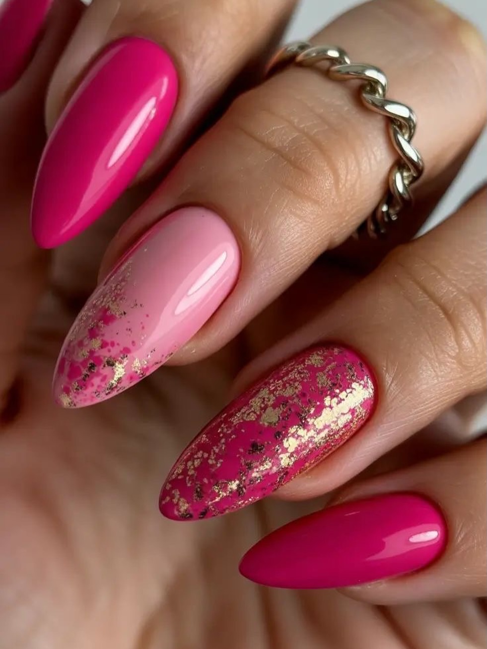 Hot Pink and Baby Pink Almond Nails with Gold Foil