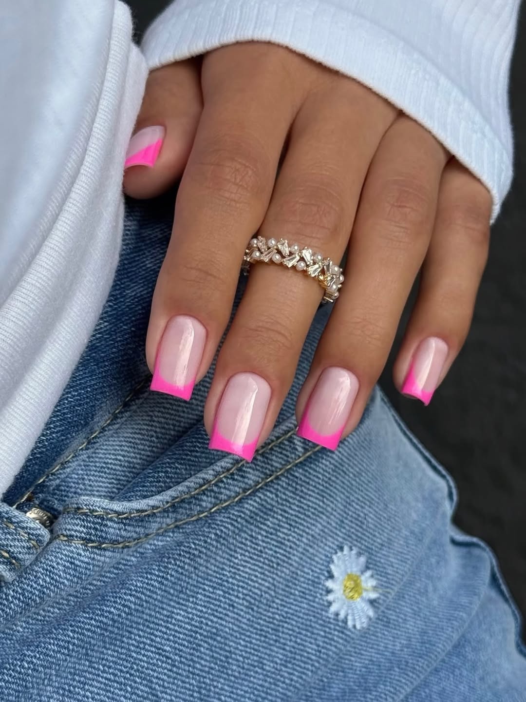Hot Pink French Tip Medium Square Nails