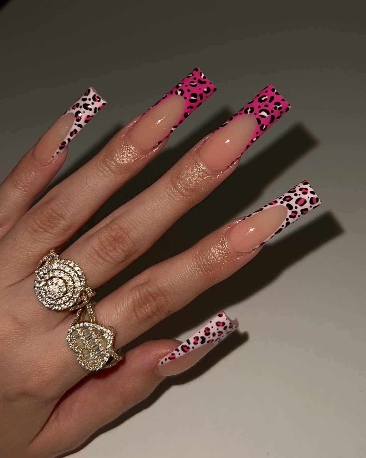 Hot Pink Leopard French Tip Coffin Nails