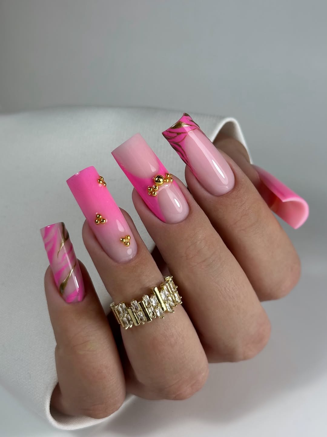 Hot Pink Marble French Tip Coffin Nails