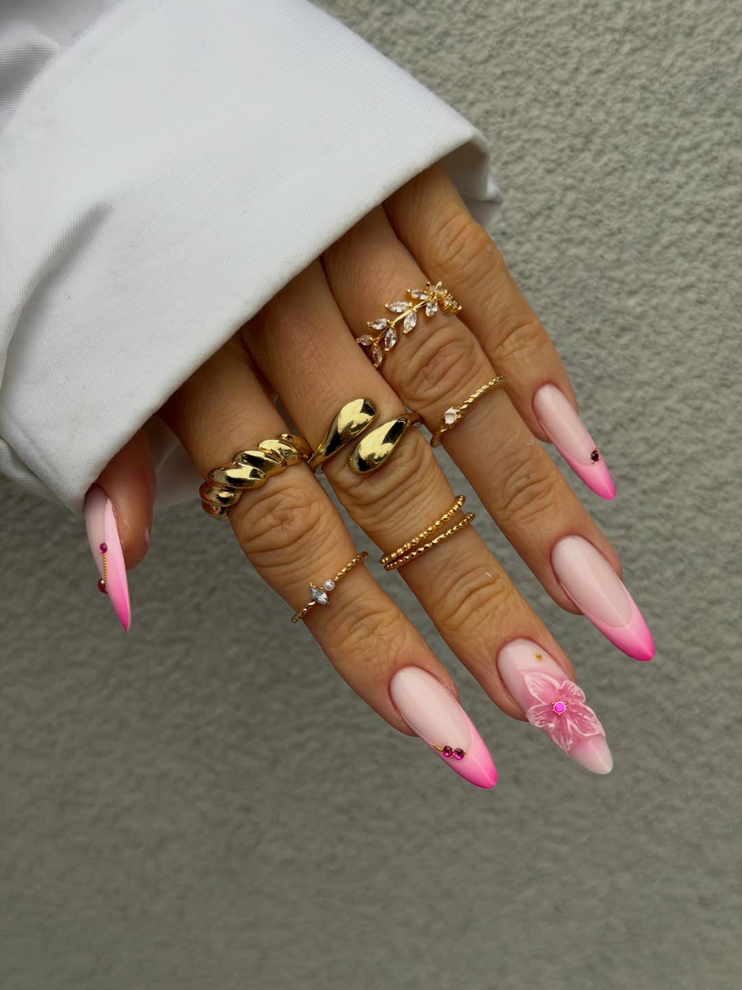 Hot Pink Ombre French Almond Nails