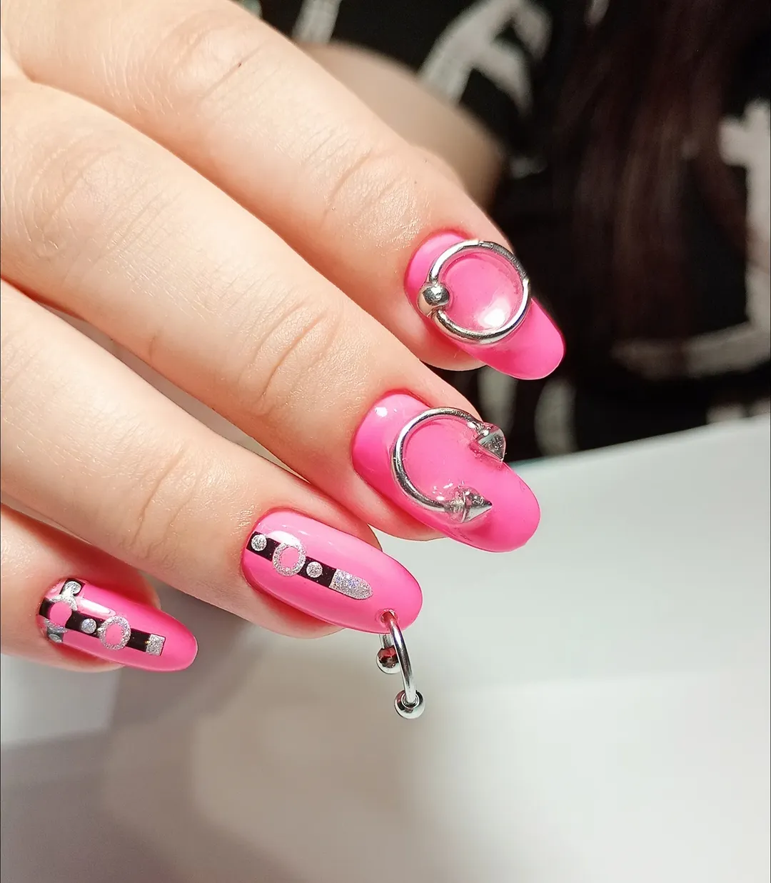 Hot Pink Oval Nails with Silver Body Jewelry Accents