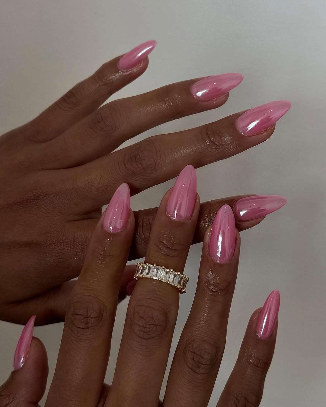 Iridescent Bubblegum Pink Long Stiletto Chrome Nails