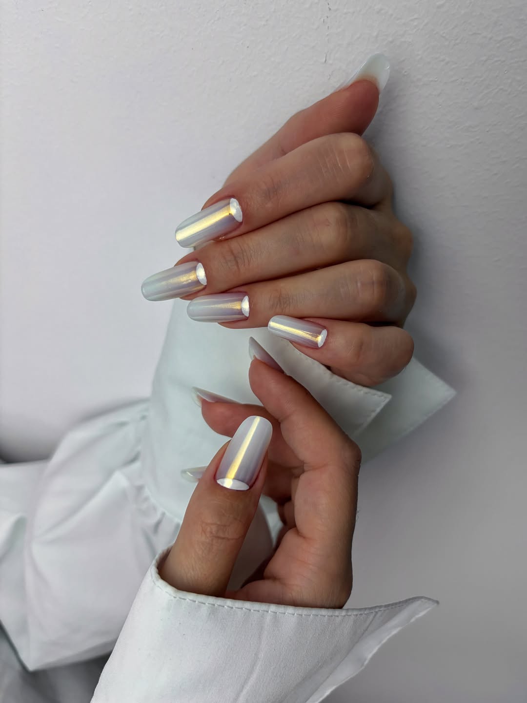 Iridescent Chrome Coffin Nails with White Tips