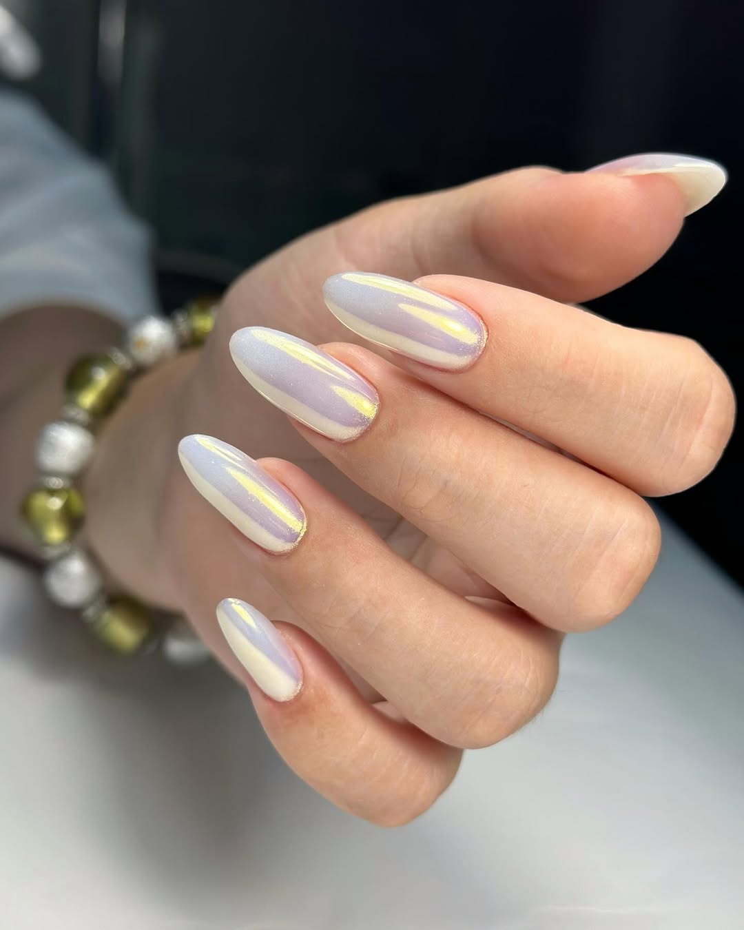 Iridescent Pearly White Chrome Oval Nails