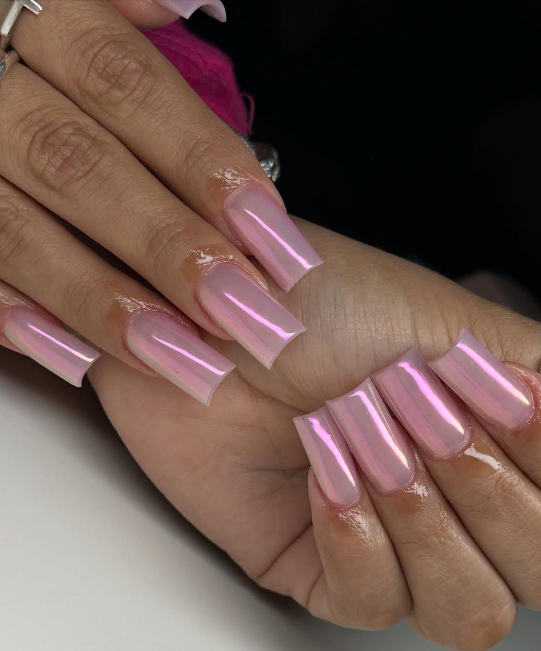 Iridescent Pink Chrome Long Square Nails