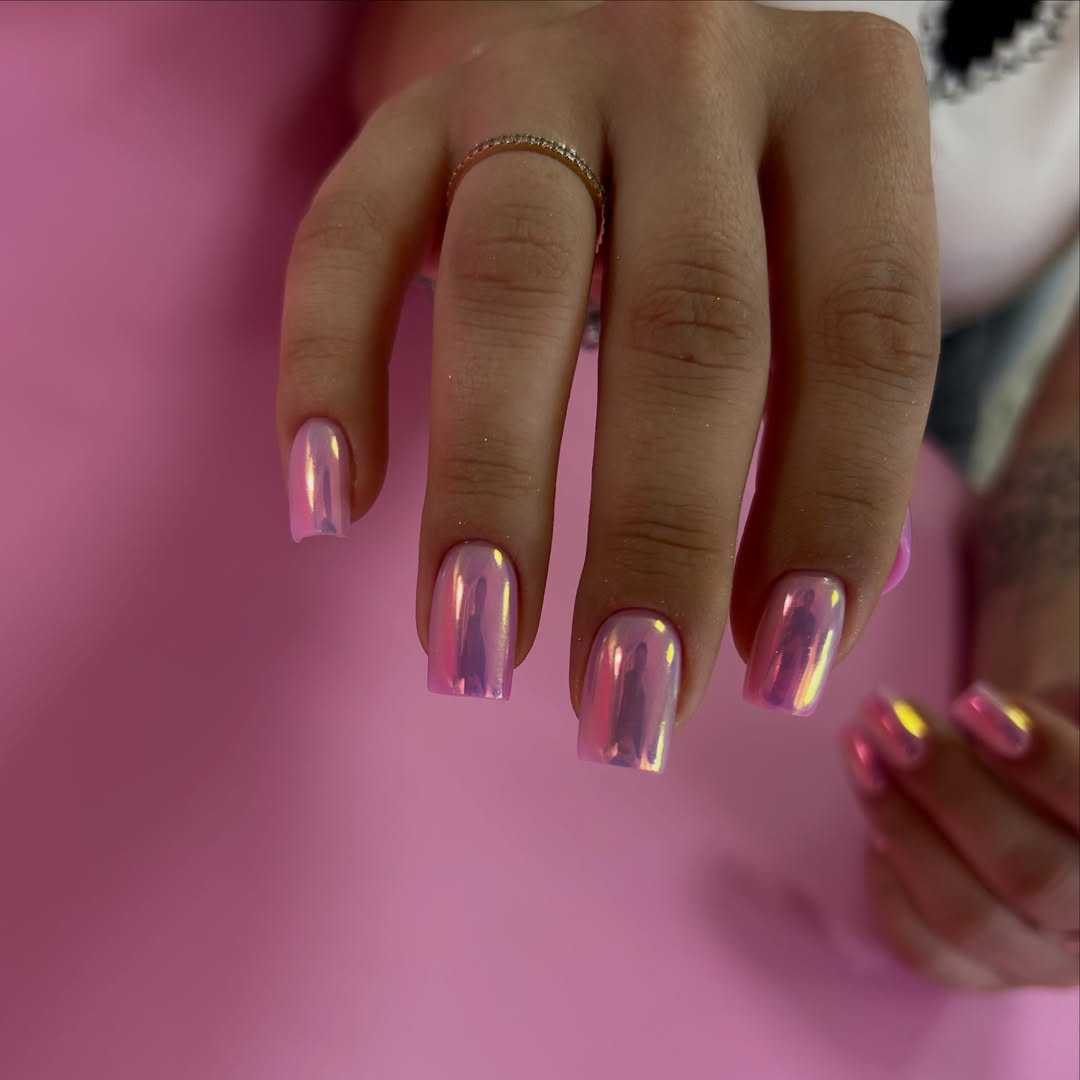 Iridescent Pink Chrome Medium Square Nails