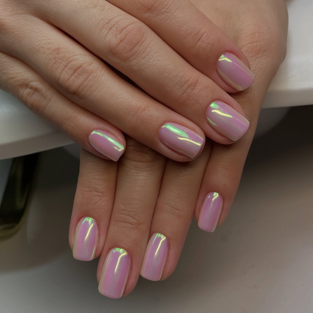 Iridescent Pink Jelly Chrome Squoval Nails