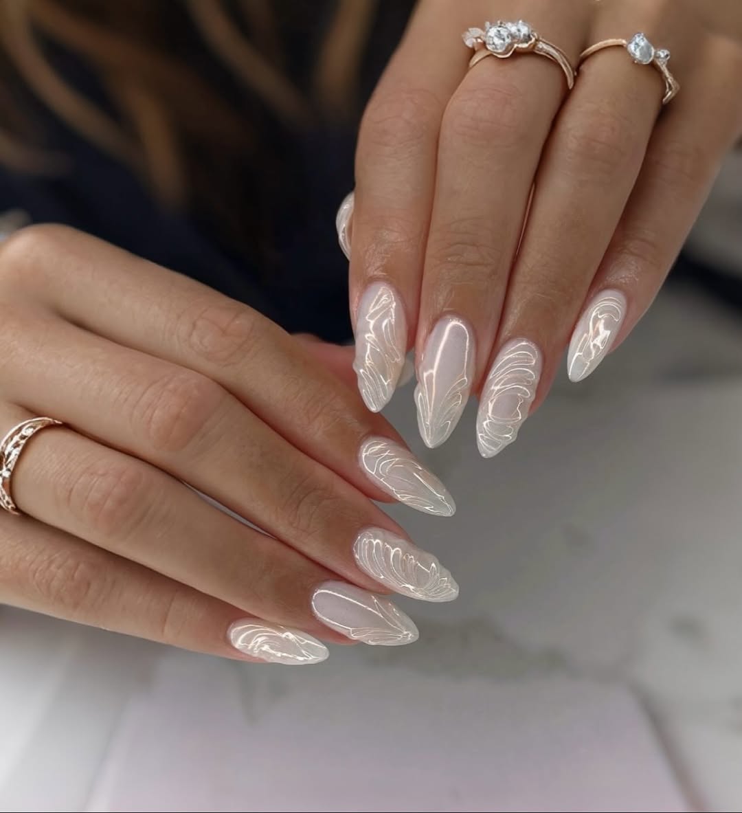 Iridescent Swirl Chrome Almond Nails