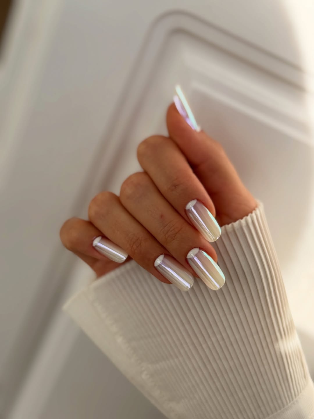 Iridescent White Chrome French Tip Nails