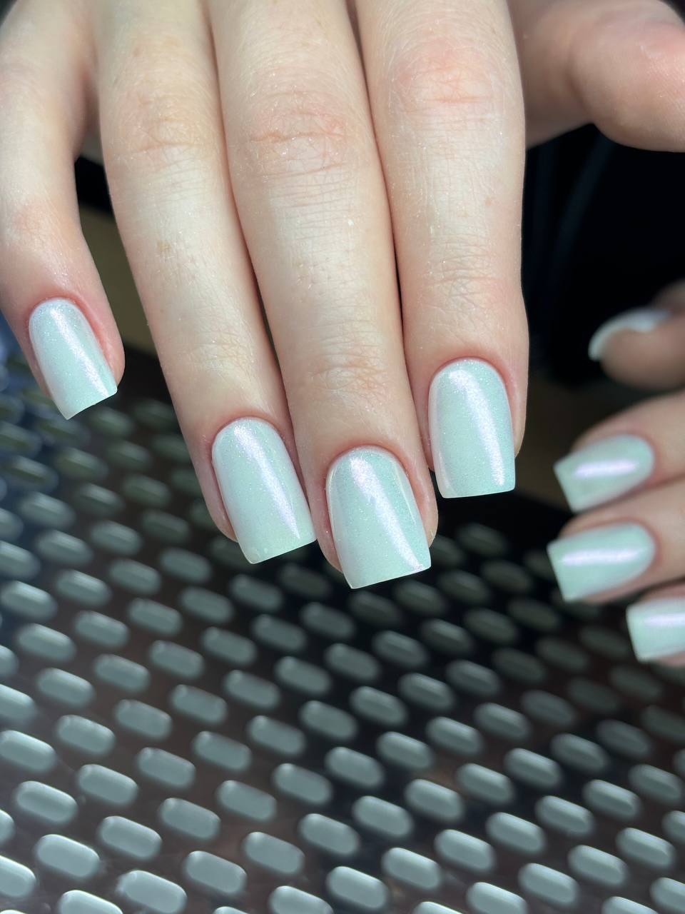 Iridescent White Chrome Square Nails