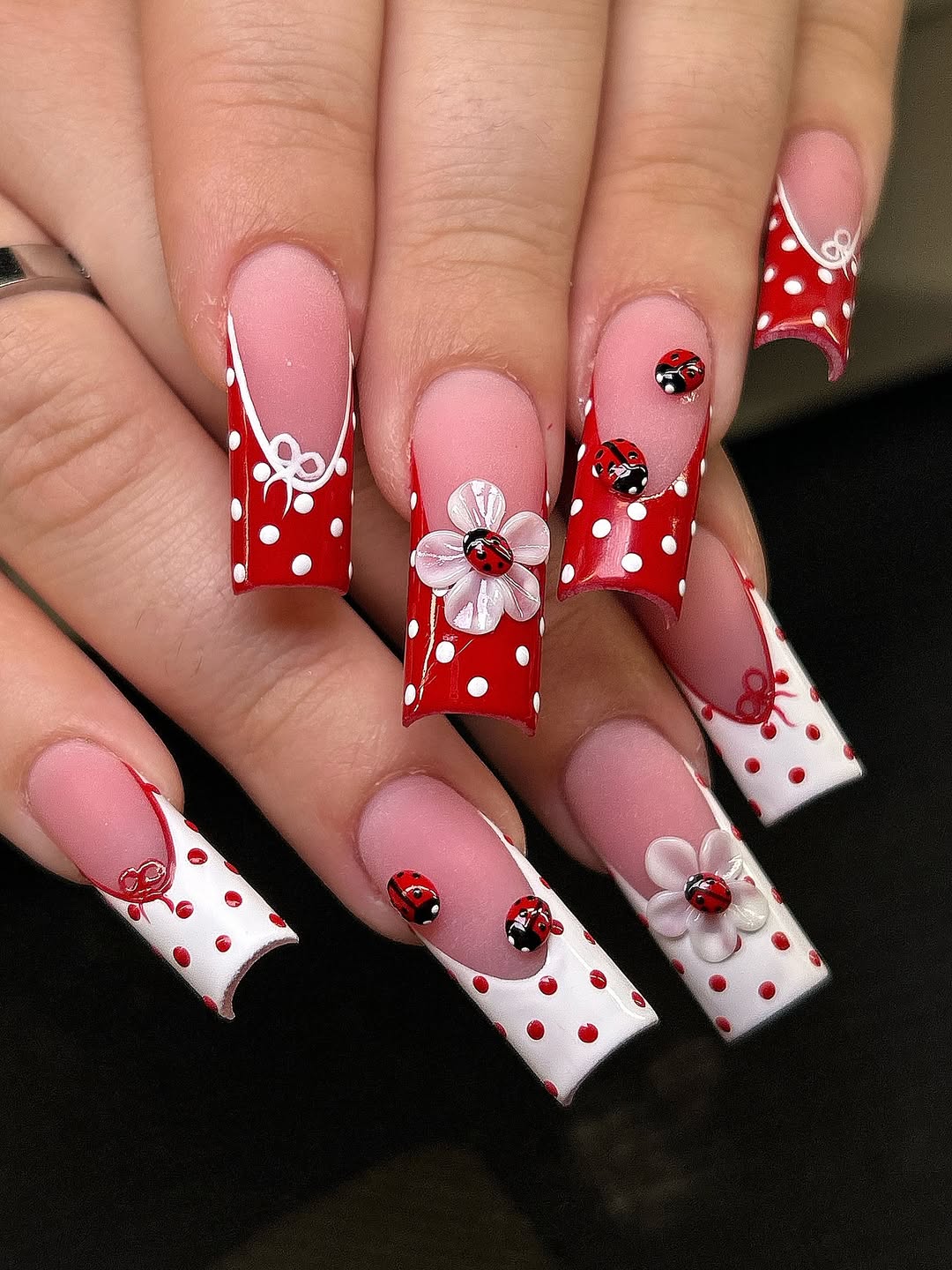 Ladybug French Tip Square Gem Nails